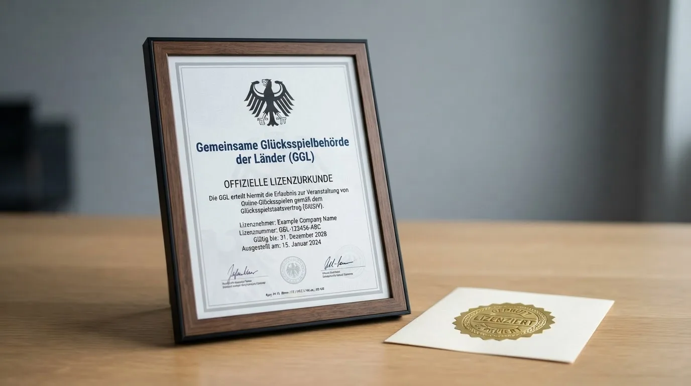 Das offizielle GGL-Logo stilisierte Lizenzurkunde mit Bundesadler — daneben steht „Whitelist“ und ein Prüfdatum