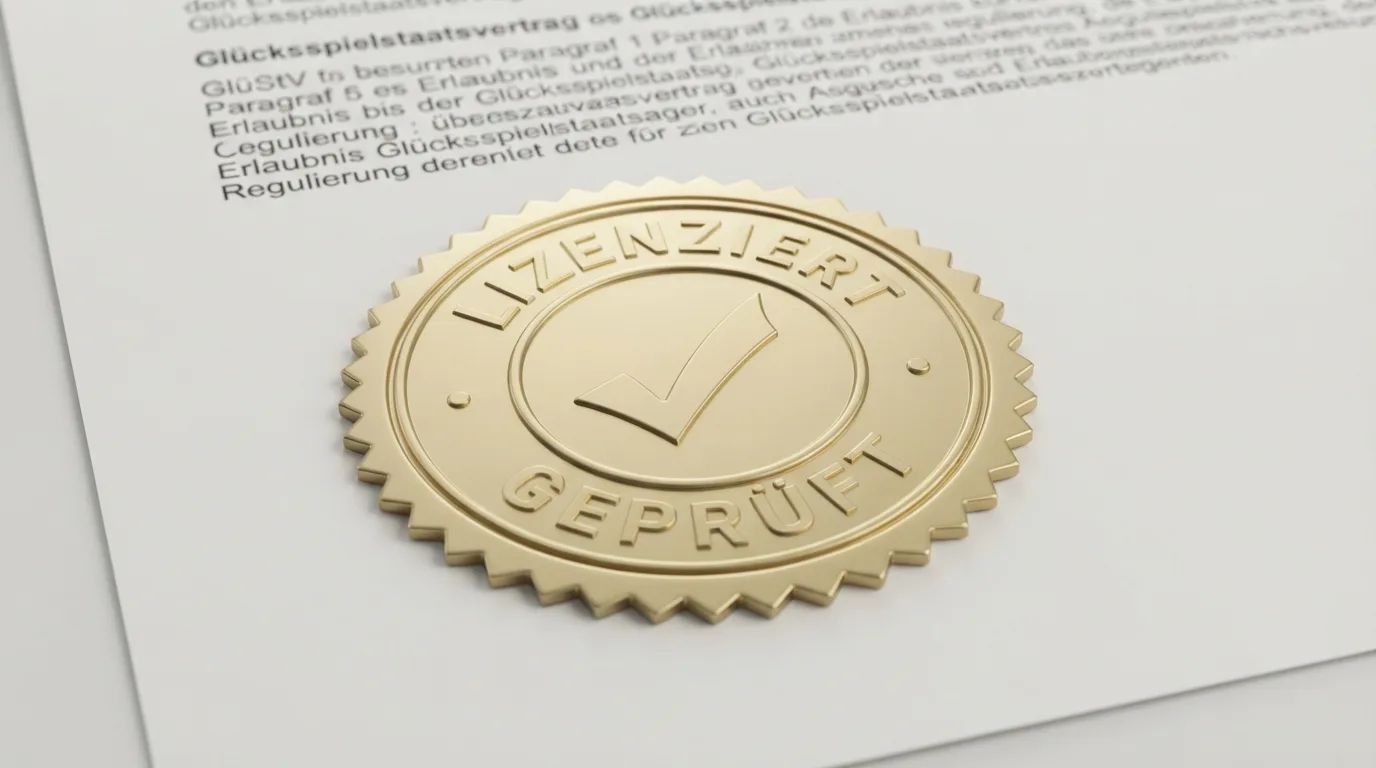 GGL-Logo und GlüStV-Gesetzestext im Hintergrund, grüner Haken und rotes Kreuz als Symbol für lizenziert/nicht lizenziert