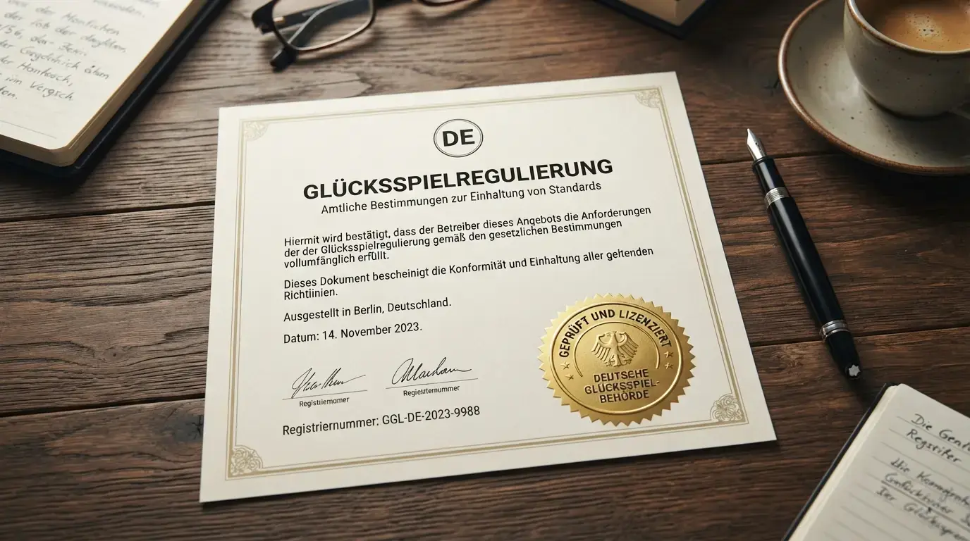 Offizielles GGL-Siegel und GlüStV-Dokument symbolisieren den deutschen Regulierungsrahmen