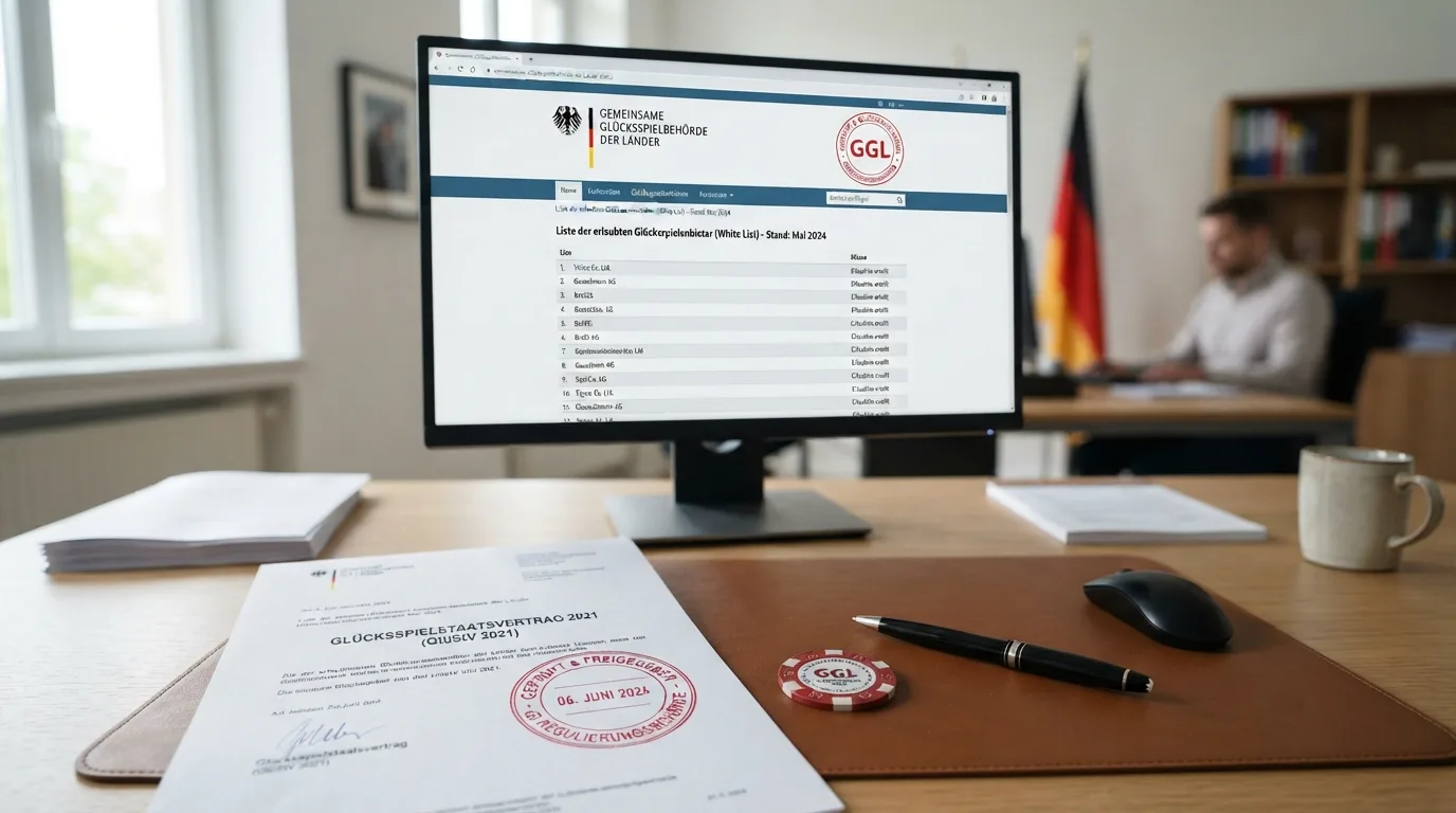 Logo der deutschen Glücksspielbehörde mit Hinweis auf die amtliche Whitelist und ein Häkchen als Legalitätssiegel