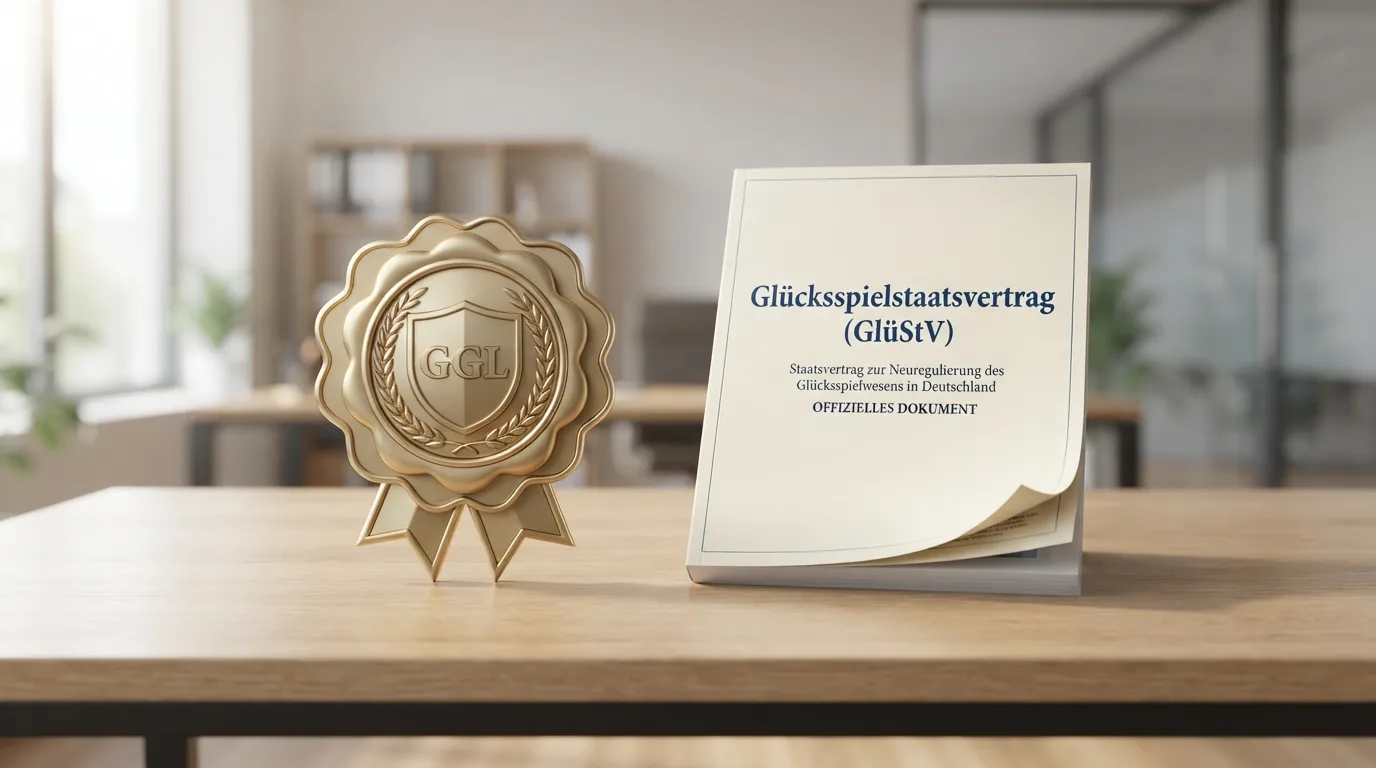 Offizielles GGL-Logo und GlüStV-Dokument auf Schreibtisch
