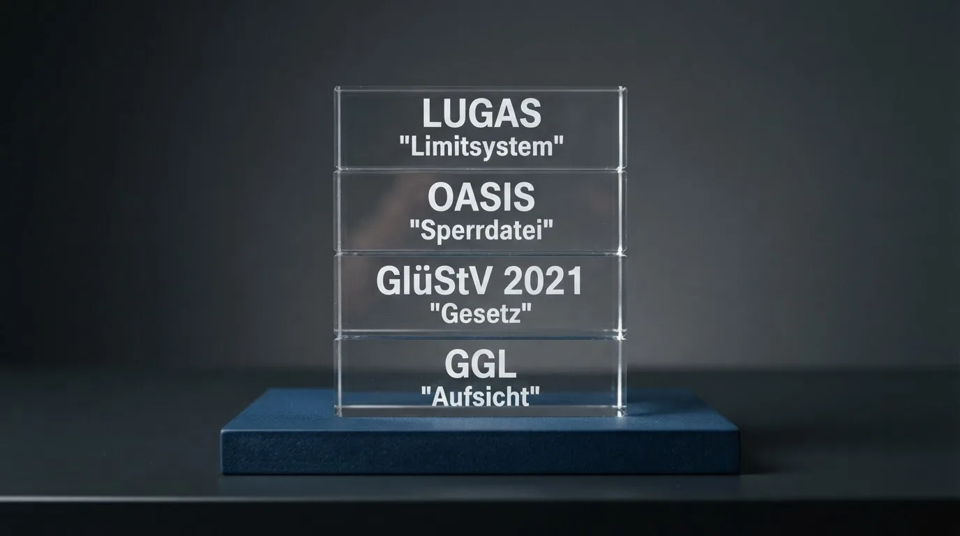 Infografik zum Aufbau der deutschen Glücksspielregulierung mit GGL, GlüStV, OASIS und LUGAS
