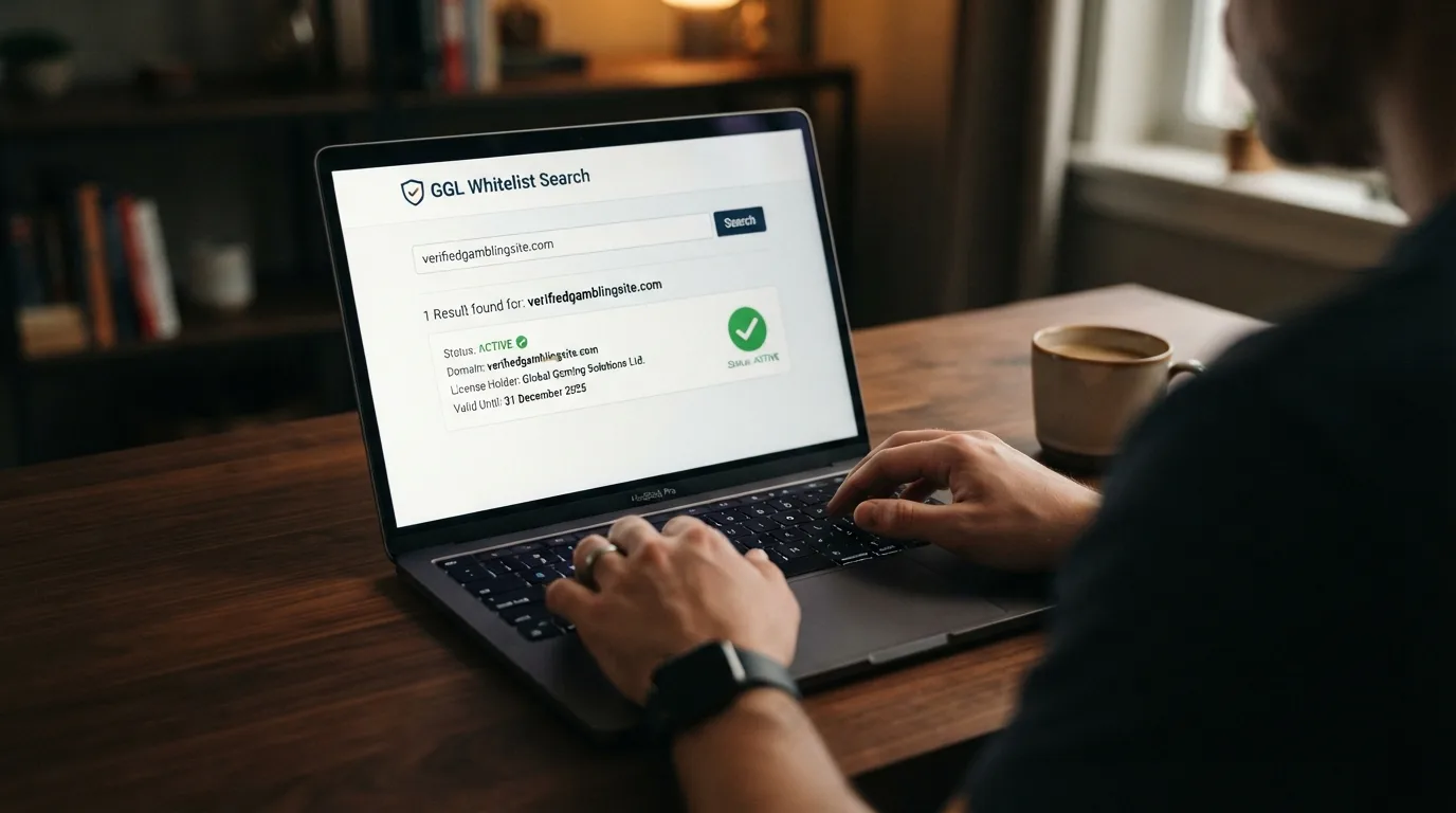 Screenshot-Nachstellung: GGL-Whitelist-Suche mit Domain-Eingabefeld und einer Ergebnisliste