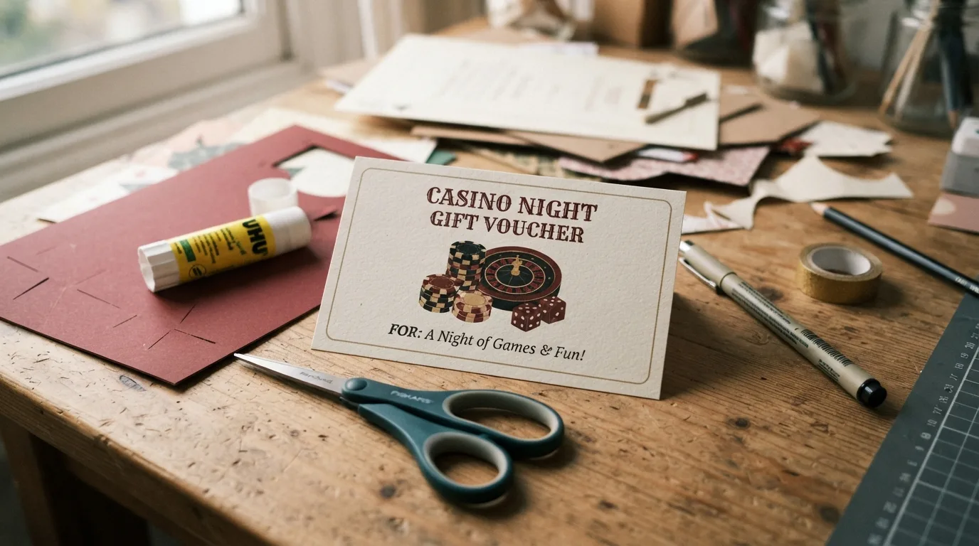 Ein ausgedruckter Casino-Geschenkgutschein mit Spielkarten-Motiv auf einem Tisch mit Bastelmaterialien (Schere Kleber Karton)