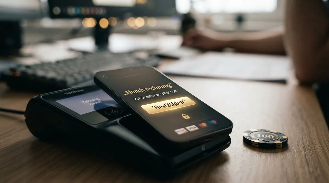 Kassenbereich eines mobilen Casinos mit ausgewähltem Button „Handyrechnung“