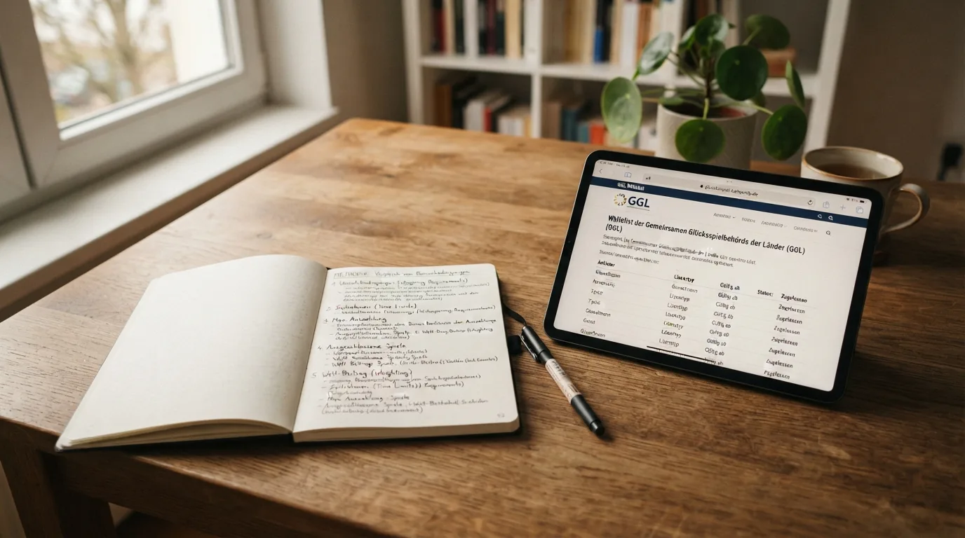 Schreibtisch mit aufgeschlagenem Notizbuch, Stift und Tablet mit geöffneter GGL-Whitelist