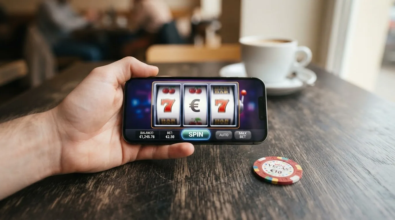 iPhone mit laufendem Slot-Spiel in der Hand, 50-Euro-Schein liegt daneben