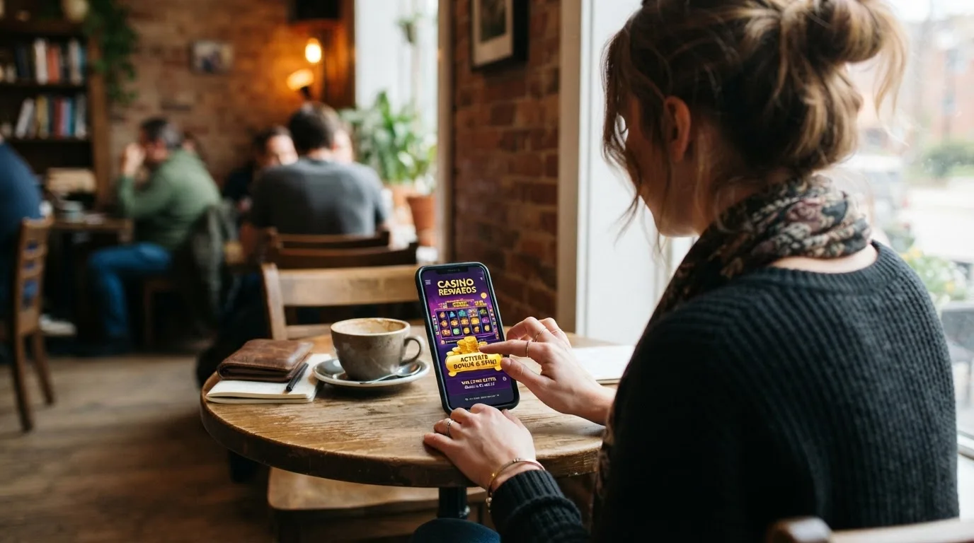 Smartphone mit Casino-App und Bonus-Aktivierung auf dem Display