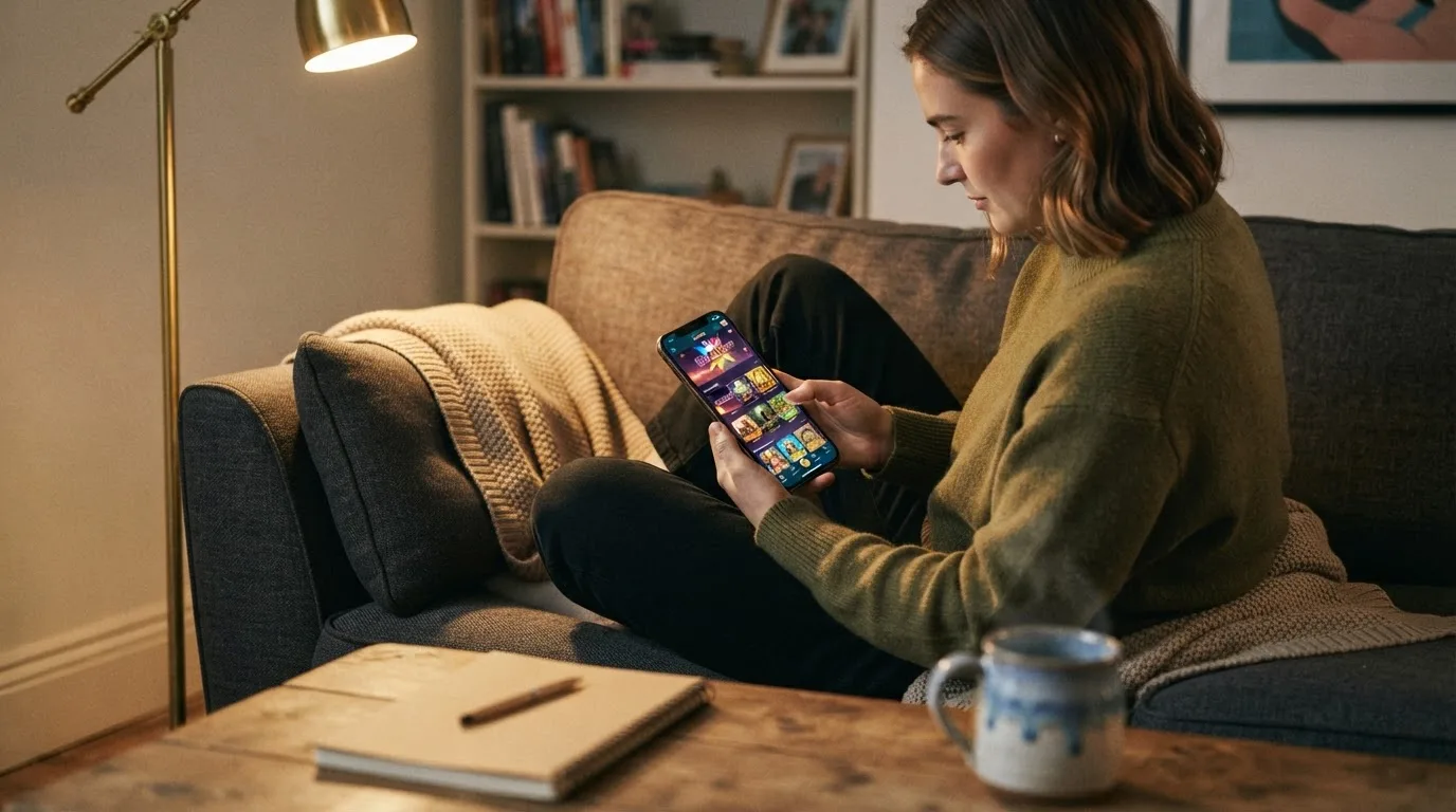 Smartphone mit geöffneter Casino-App und Spielautomaten-Ansicht