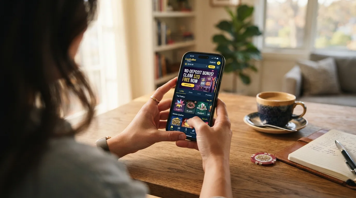 Smartphone-Mockup: Casino-Startseite im mobilen Browser mit Bonus-Banner