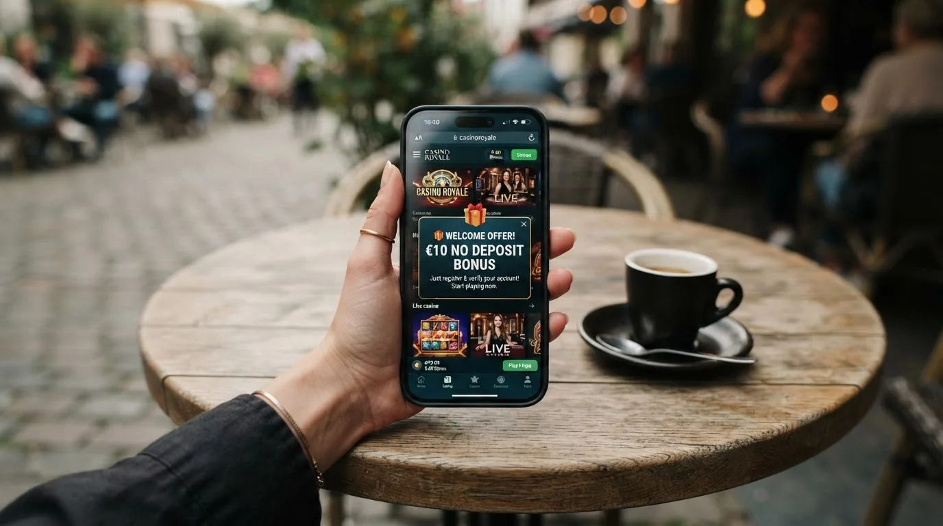 Smartphone mit geöffneter mobiler Casino-Oberfläche und eingeblendetem Startguthaben-Betrag