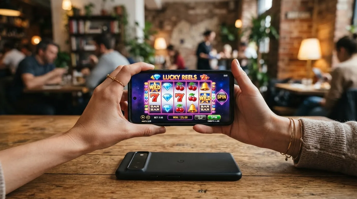 Smartphone in Hand mit geöffneter Slot-Ansicht