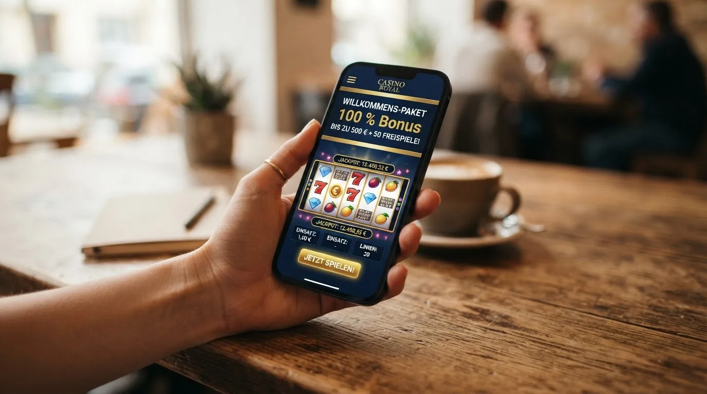 Smartphone mit geöffnetem Bonusangebot einer lizenzierten Spielothek