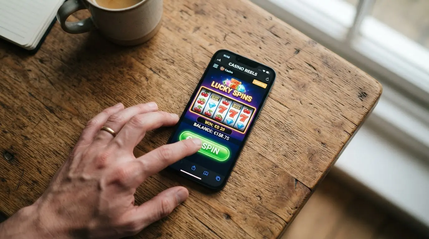 Smartphone mit geöffneter Casino-Website im Browser, die das responsive Design und die mobile Bonus-Aktivierung zeigt