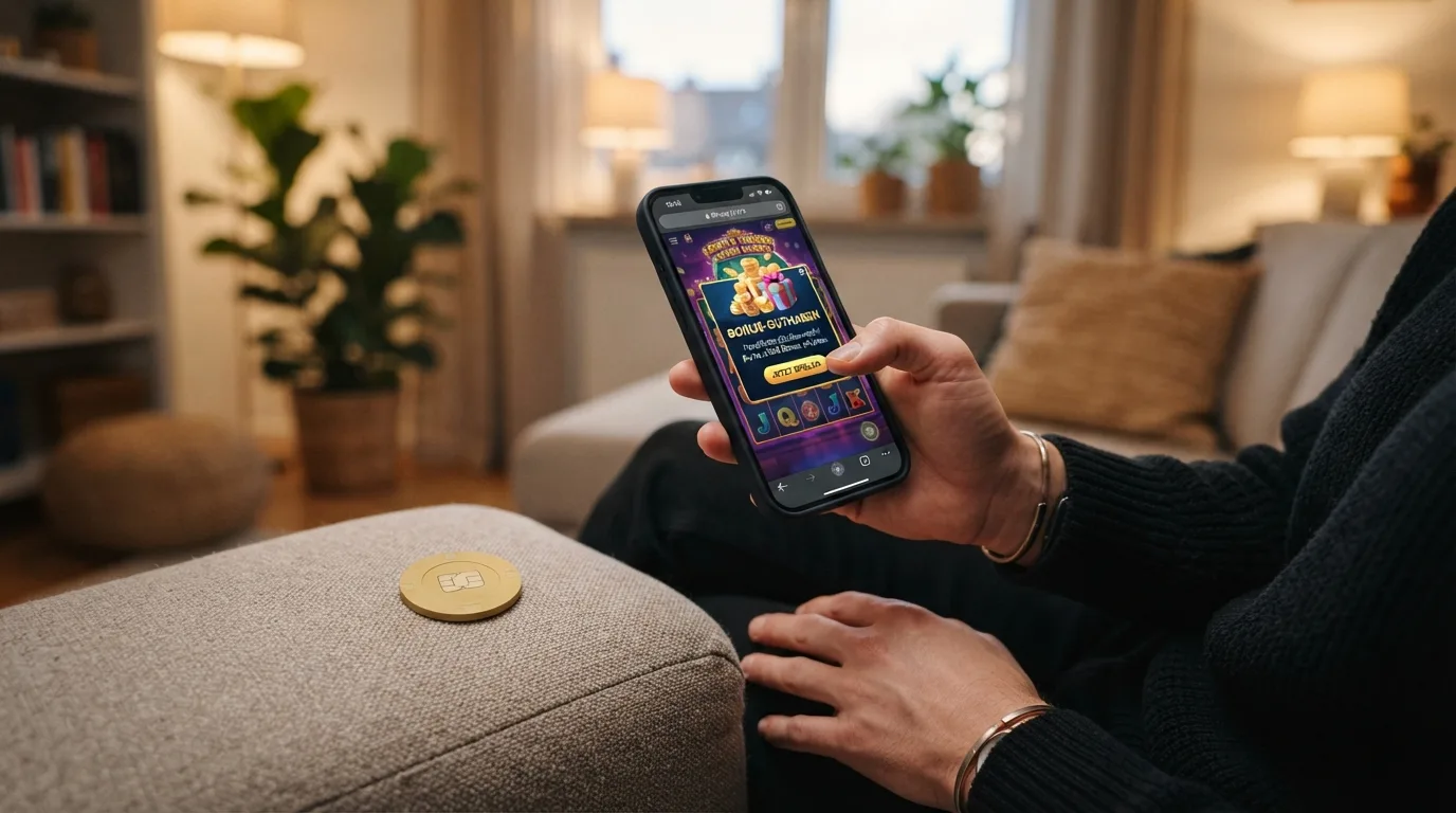 Ein Smartphone in der Hand zeigt ein Casino-Spiel mit eingeblendetem Bonus-Guthaben — der Bildschirm ist hell und scharf, die Casino-Oberfläche mobile-optimiert