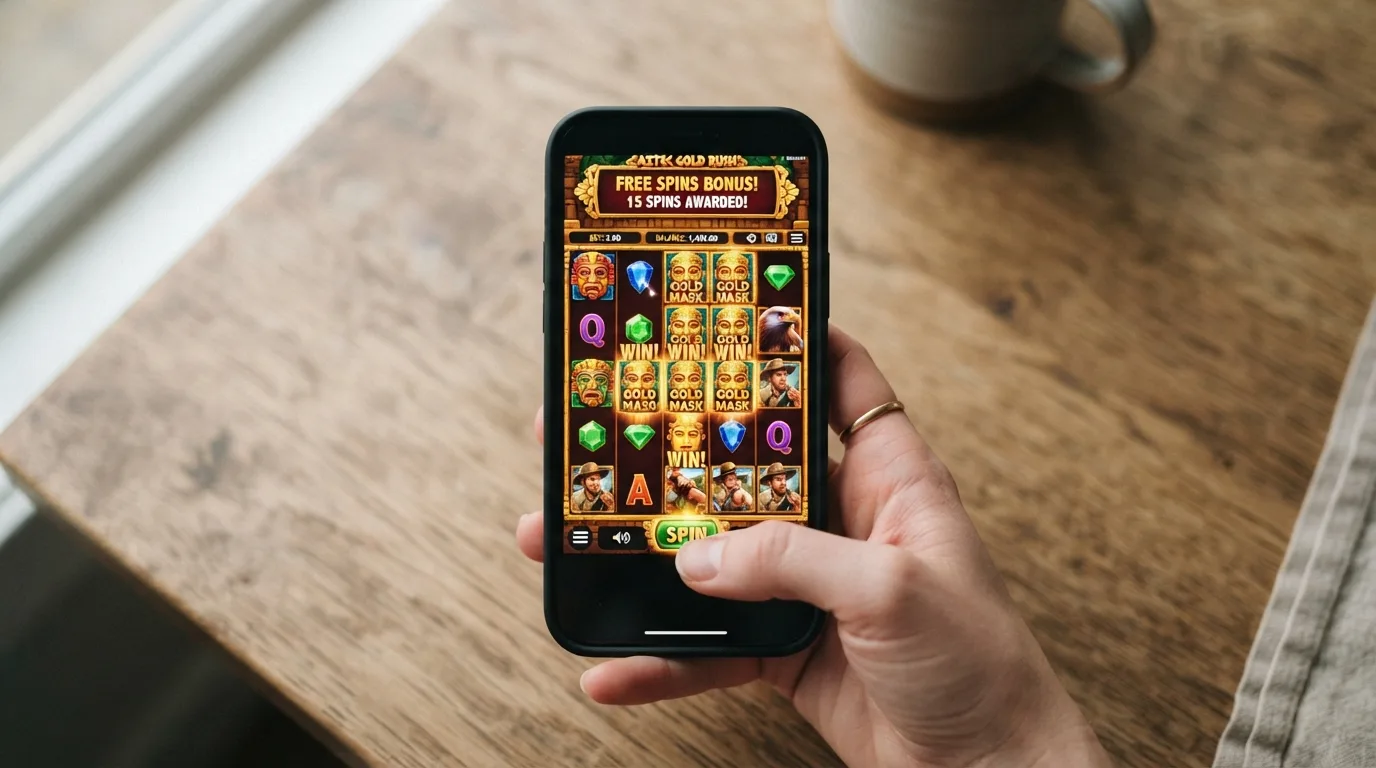 Smartphone in der Hand mit geöffnetem Casino-Spiel und eingeblendetem Bonus-Hinweis