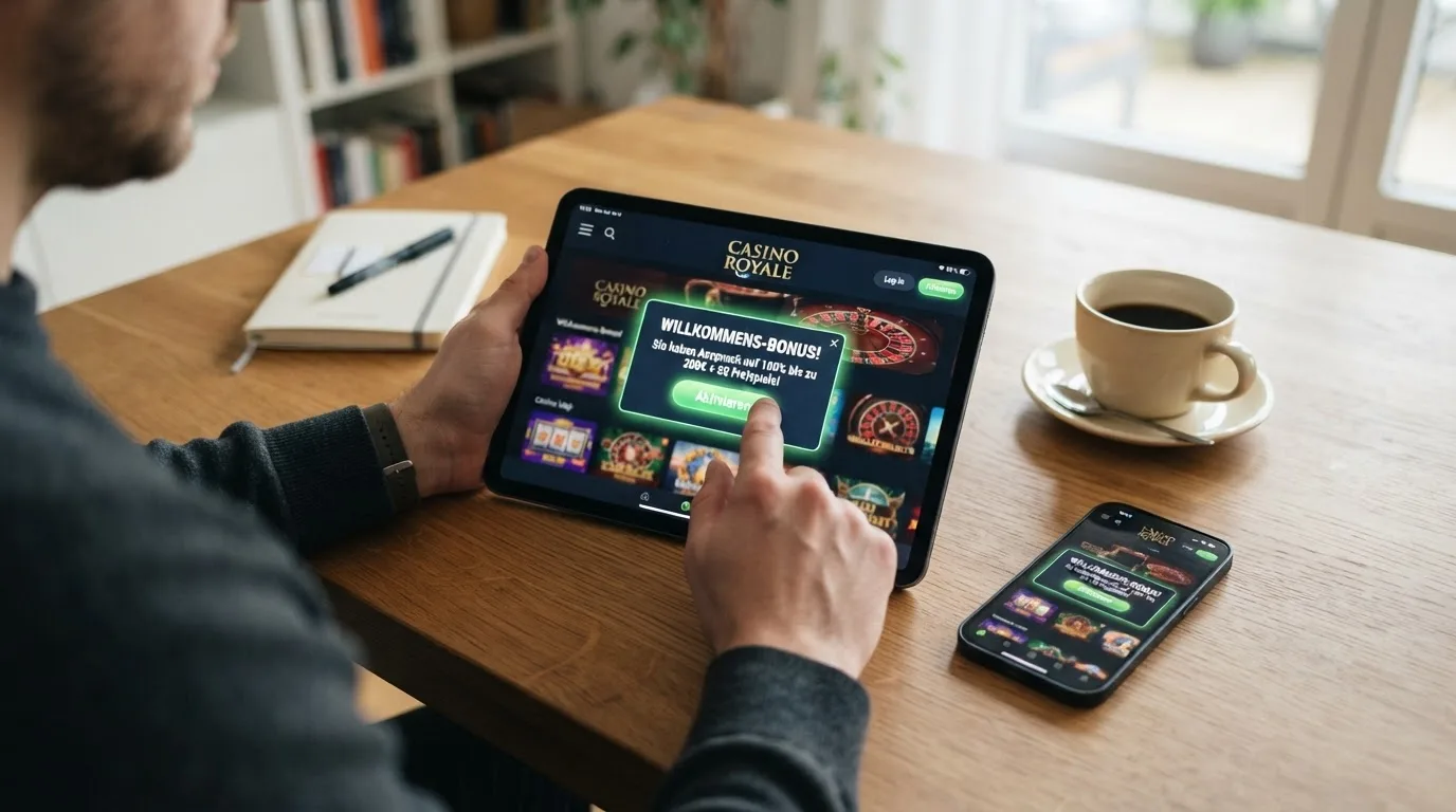 Smartphone mit Casino-Oberfläche und Bonus-Aktivierungsdialog auf dem mobilen Bildschirm