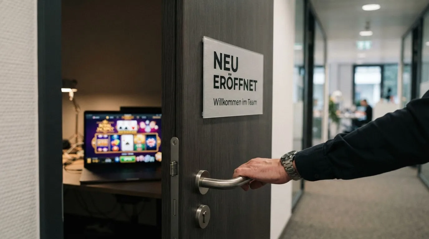 Tür mit „Neu eröffnet“-Schild, dahinter angedeutetes Casino-Interface, Fragezeichen-Icon