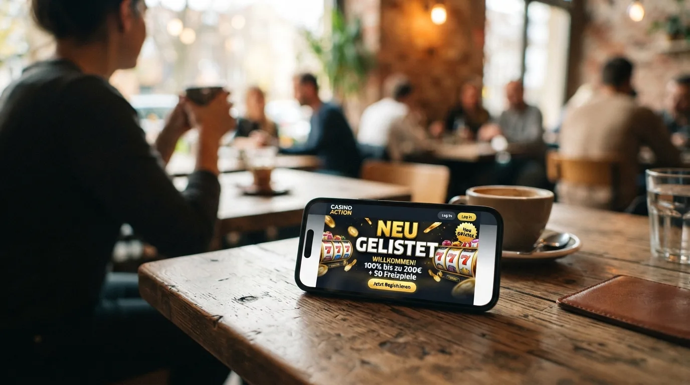 Smartphone-Display mit „Neu gelistet“-Badge auf Casino-Startseite