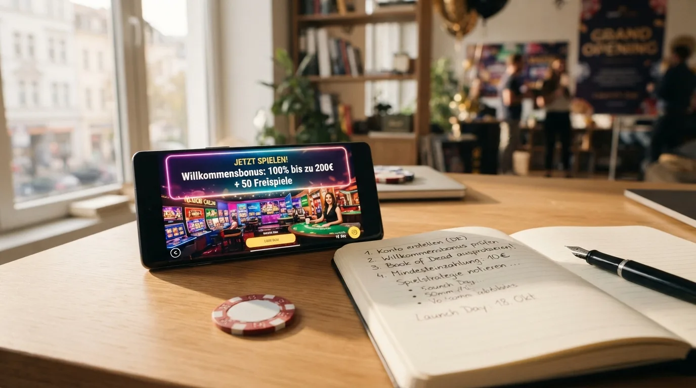 Eine stilisierte Casino-Neueröffnung mit „Willkommensbonus“-Banner