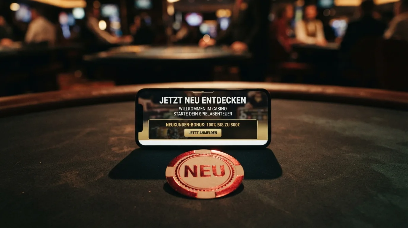 Stilisiertes Neu-Badge auf einem Casino-Hintergrund