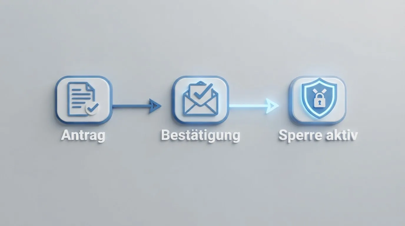 Schematische Darstellung des OASIS-Selbstsperre-Ablaufs: Antrag, Bestätigung, Sperre aktiv
