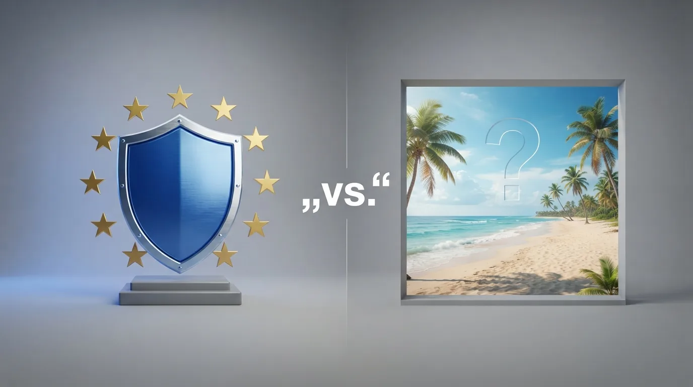Eine geteilte Grafik: links das GGL-Logo mit Schild und Häkchen, rechts ein Karibik-Strand mit Fragezeichen, dazwischen das Wort „vs.