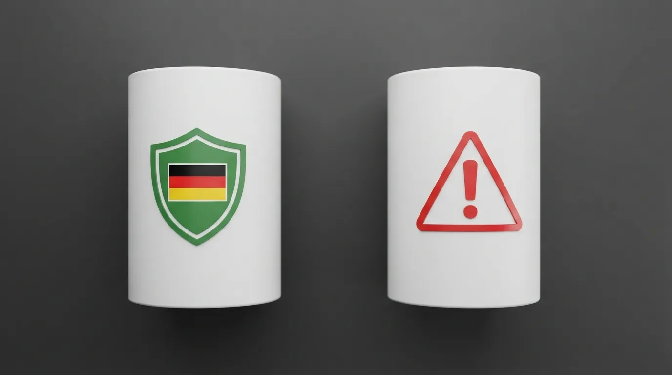 Zwei Spalten: links Schutzschild mit DE-Flagge, rechts Warnsymbol mit Fragezeichen