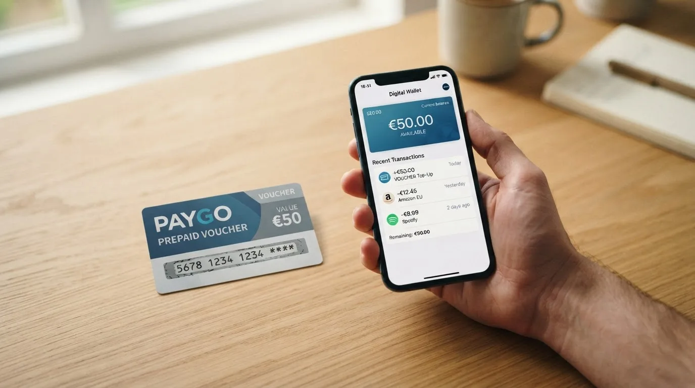 Paysafecard-PIN-Karte neben einer myPaysafecard-Konto-Übersicht — Einzahlung und Auszahlung im Vergleich