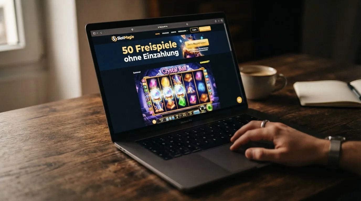 SlotMagie-Lobby-Ansicht mit hervorgehobenem Crystal-Ball-Slot und Banner „50 Freispiele ohne Einzahlung“
