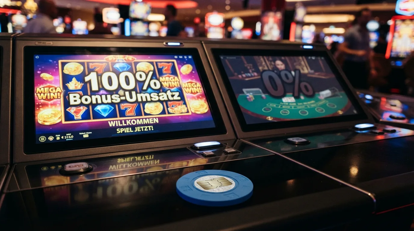 Eine Reihe bunter Slot-Symbole auf einem Bildschirm zeigt „100% Bonus-Umsatz“ — daneben ist ein Live-Dealer-Tisch abgedunkelt mit „0%“-Label