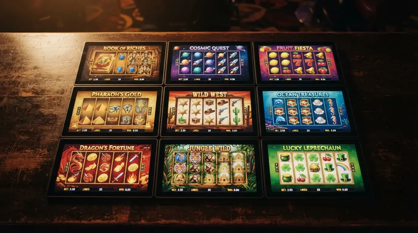 Grid der neun Bonus-relevanten Spielautomaten mit ihren Logos und RTP-Werten