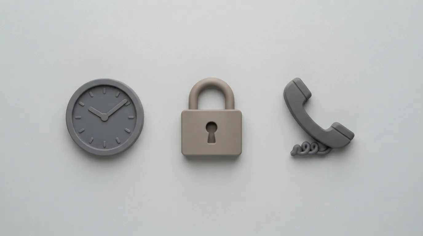 Icon-Set: Uhr, Schloss, Telefon – klare Bildsprache für Spielerschutz