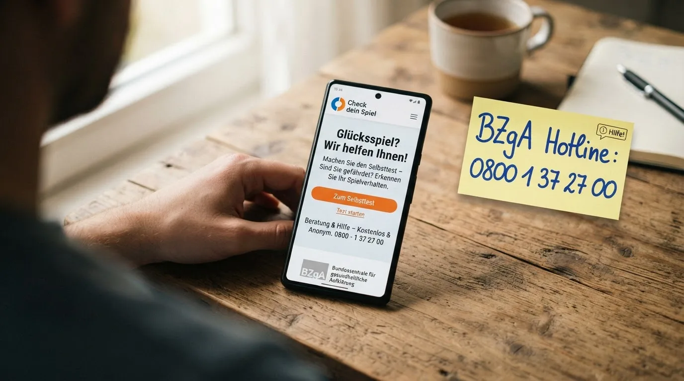 Smartphone mit Startseite von check-dein-spiel.de, im Hintergrund die BZgA-Hotline-Nummer