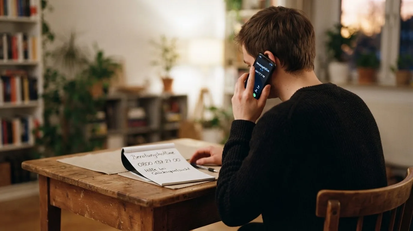 Ruhige Beratungsszene mit Telefonhörer und Notizblock, BIÖG-Logo im Hintergrund