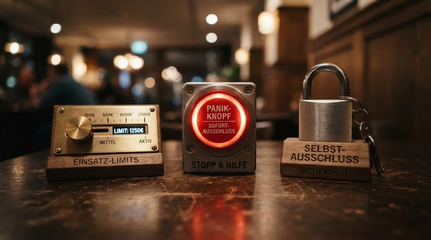 Drei Symbole: Einzahlungslimit-Regler, Panikbutton-Icon und Vorhängeschloss für Selbstsperre