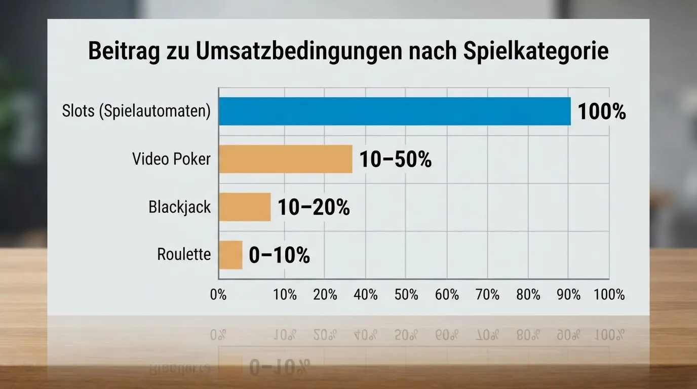Horizontales Balkendiagramm: Slots 100 %, Video Poker 10–50 %, Blackjack 10–20 %, Roulette 0–10 %