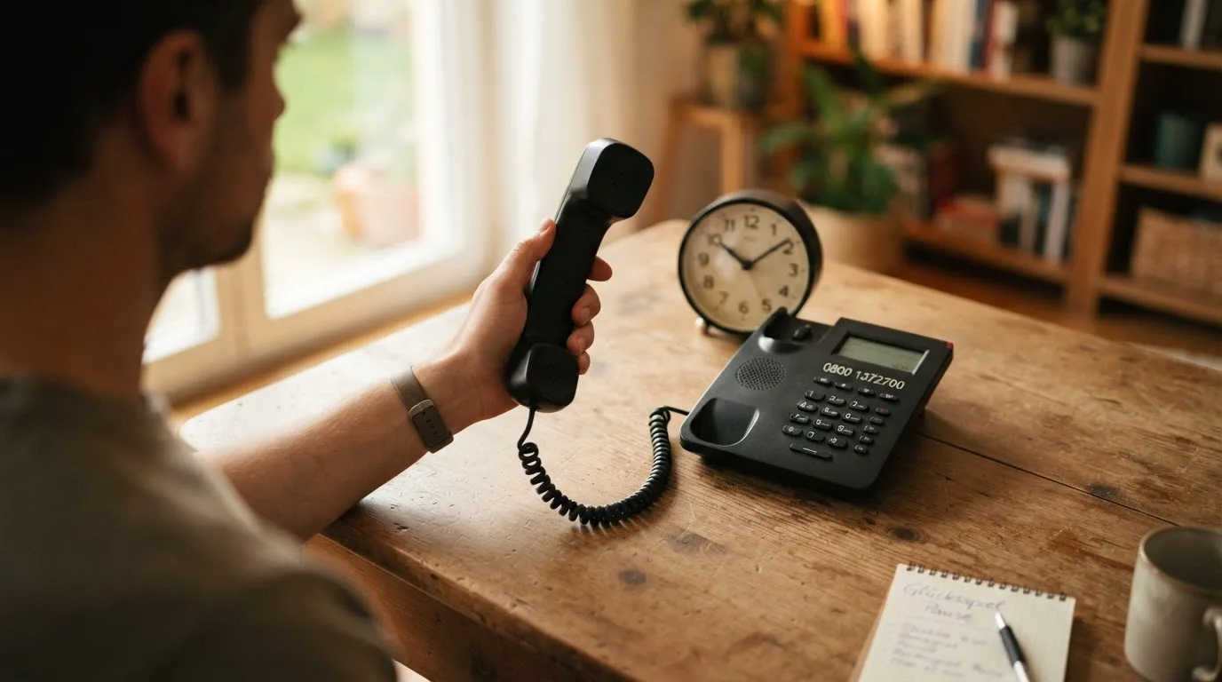 Ein Telefonhörer und eine Uhr, daneben das Wort „Pause