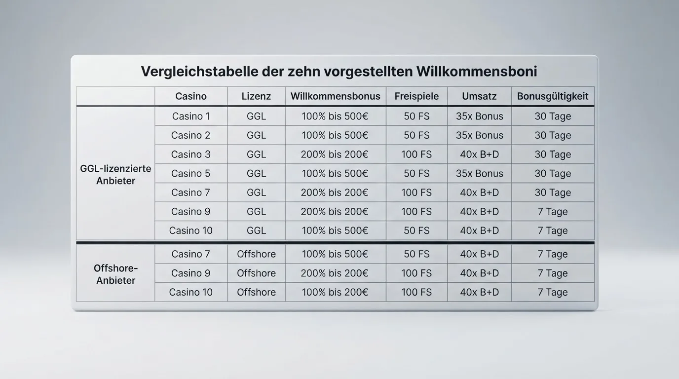 Vergleichstabelle der zehn vorgestellten Willkommensboni mit allen Kennzahlen