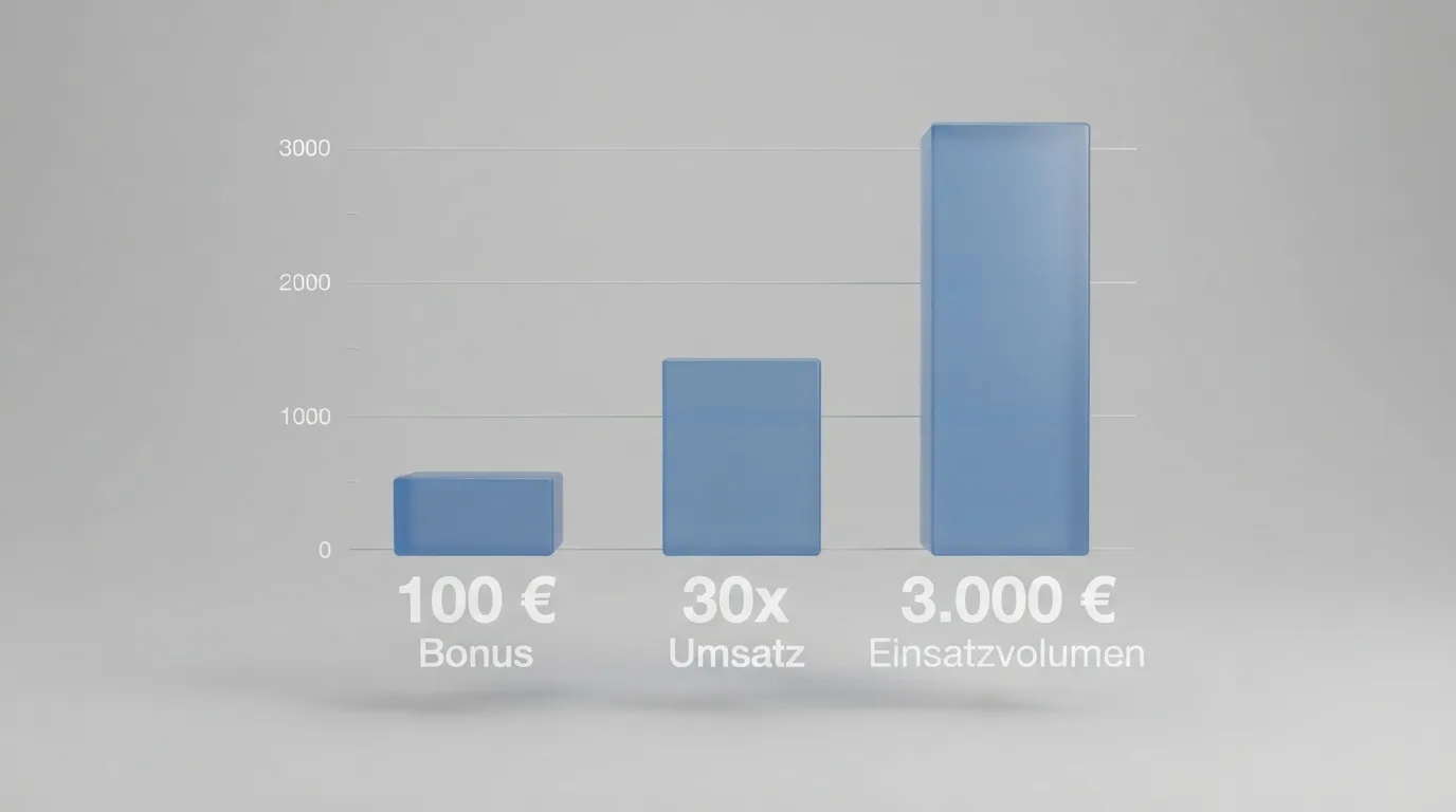 Visuelle Darstellung der Umsatz-Mechanik: 100 Euro Bonus, 30-facher Faktor, 3.000 Euro Umsatzvolumen als Infografik