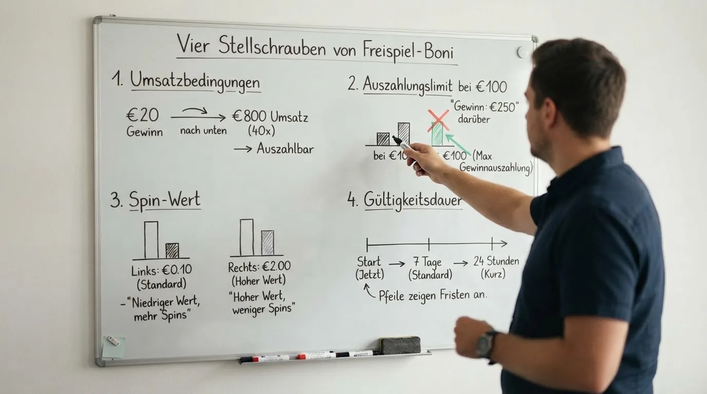Schaubild, das zeigt, wie Umsatzbedingungen und Auszahlungslimit den realen Wert eines Freispiel-Bonus schrumpfen lassen