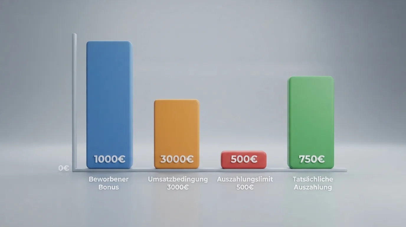 Visuelle Gegenüberstellung von beworbenem Startguthaben und tatsächlicher Auszahlung nach Umsatz und Limit